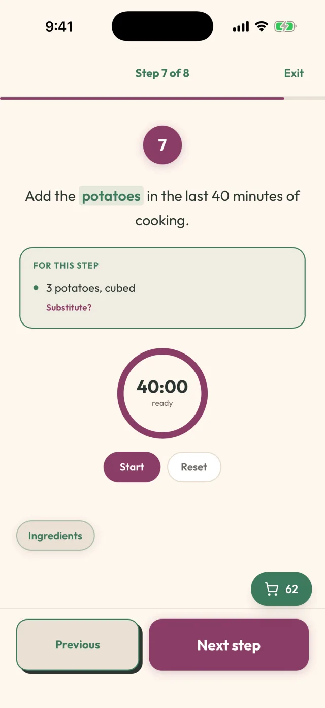 Cook This mode showing a big step and a running timer