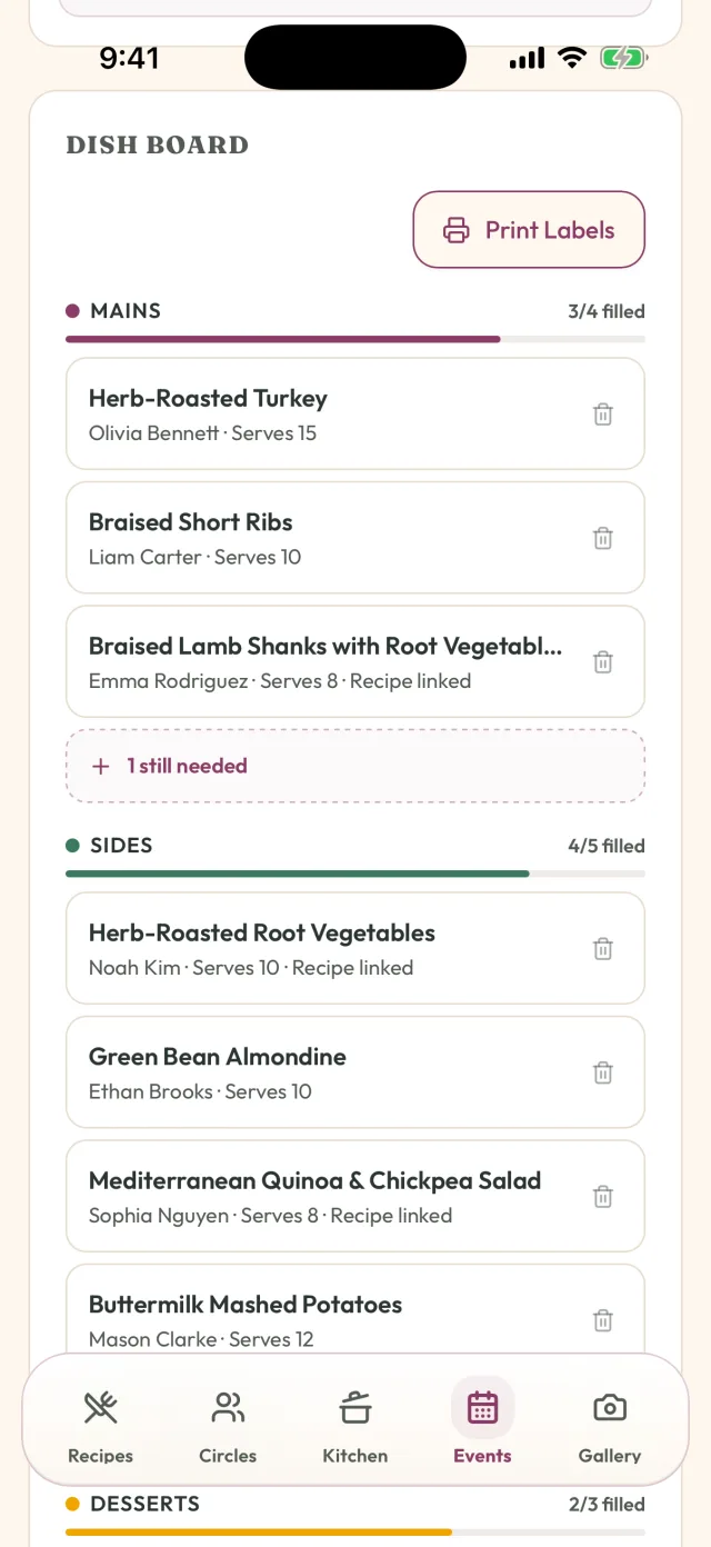 Event dish board showing who is bringing what