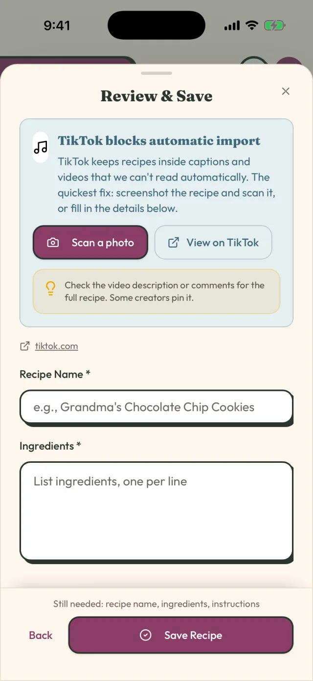 GetLadle imported recipe result showing ingredients and steps