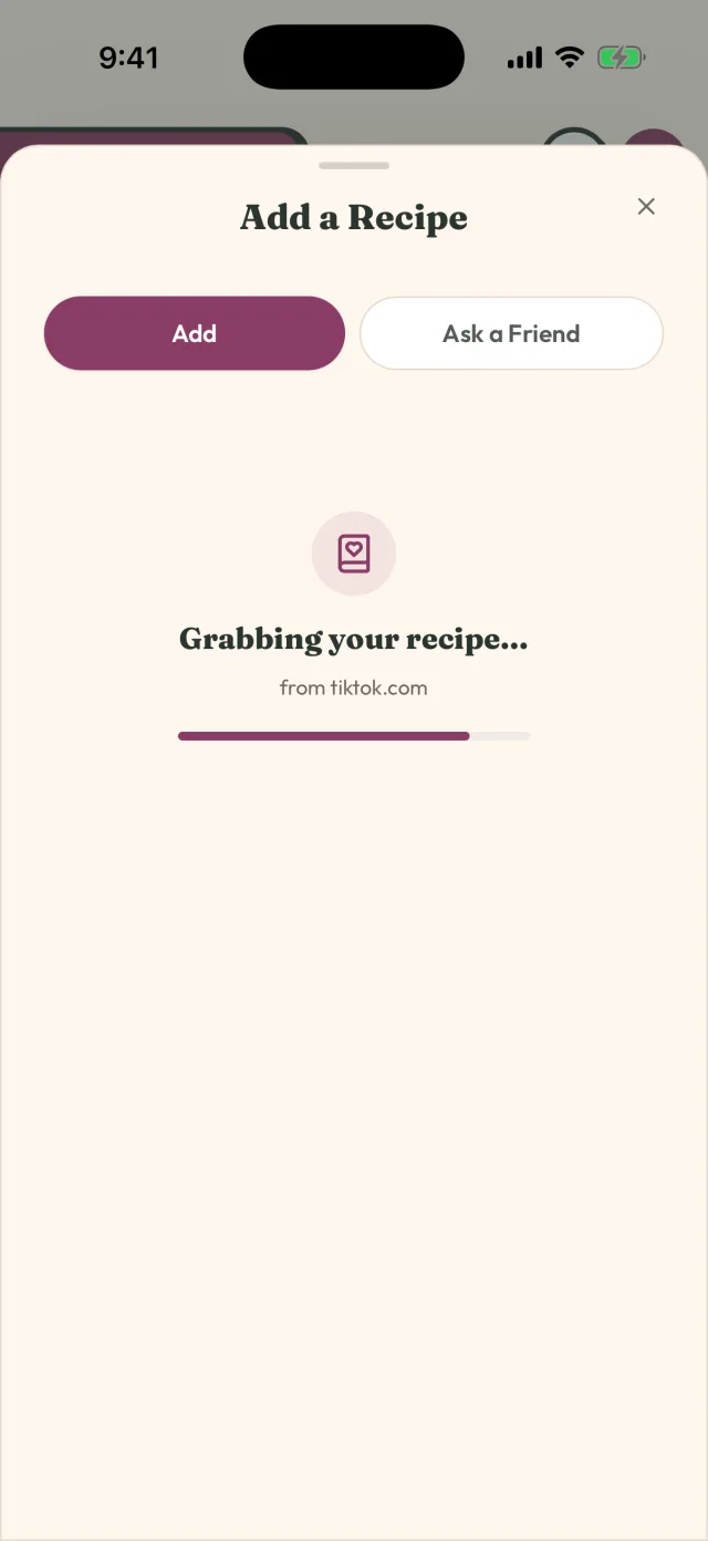 GetLadle import screen showing a recipe being extracted from a pasted link