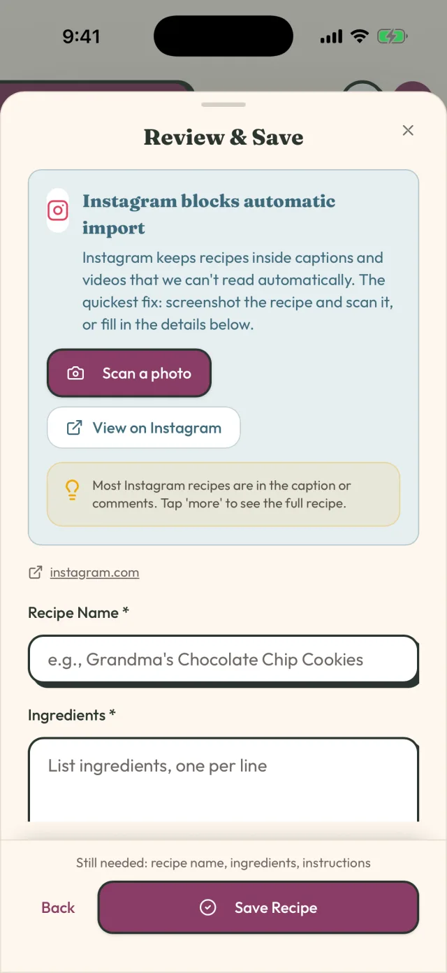 A recipe imported from an Instagram link into GetLadle, showing ingredients and steps