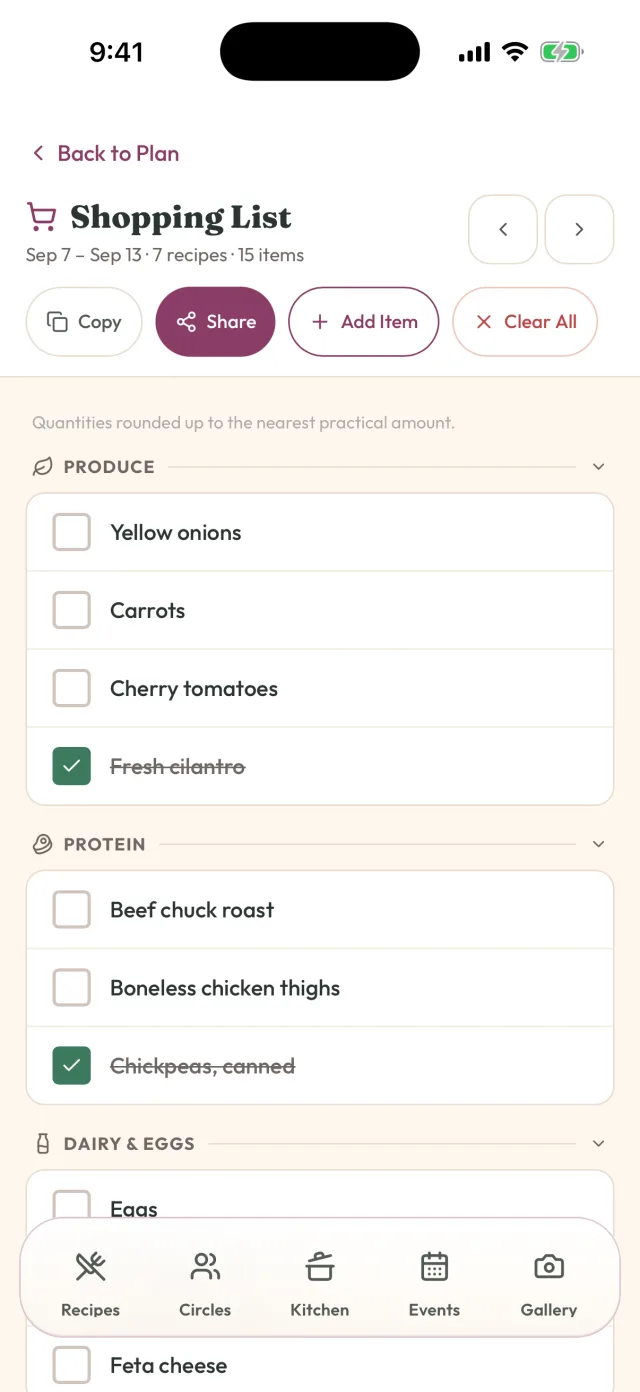 GetLadle shopping list grouped by aisle, built from the meal plan